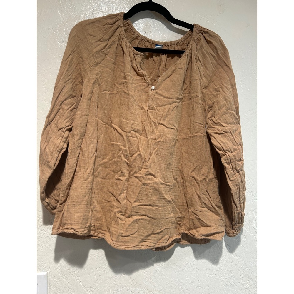Old Navy Womens Tan Cotton Gauze Long Sleeve Split Neck Blouse Top Small